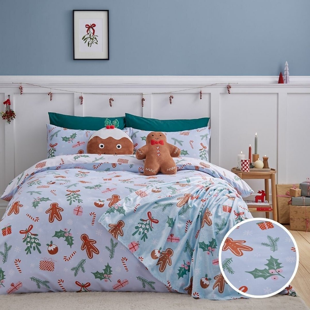 Catherine Lansfield Unisex Blue Christmas Gingerbread Duvet Cover And Pillowcase Set King (230X220cm)