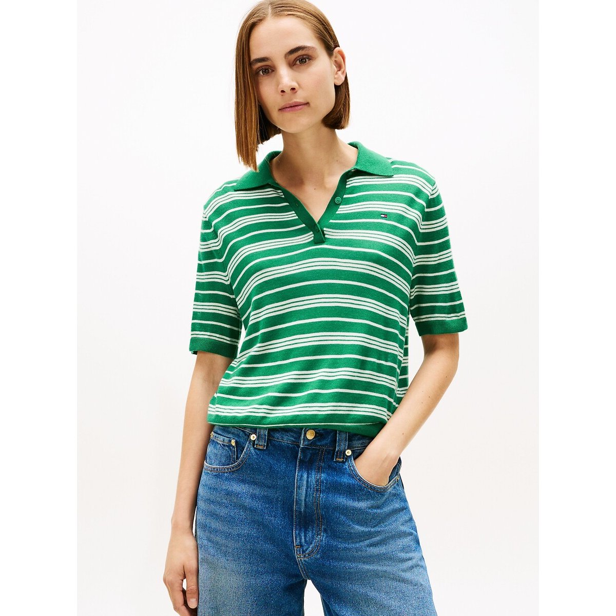 Tommy Hilfiger Striped Short Sleeve Polo Collar Jumper Women's Green/Ecru Striped Medium