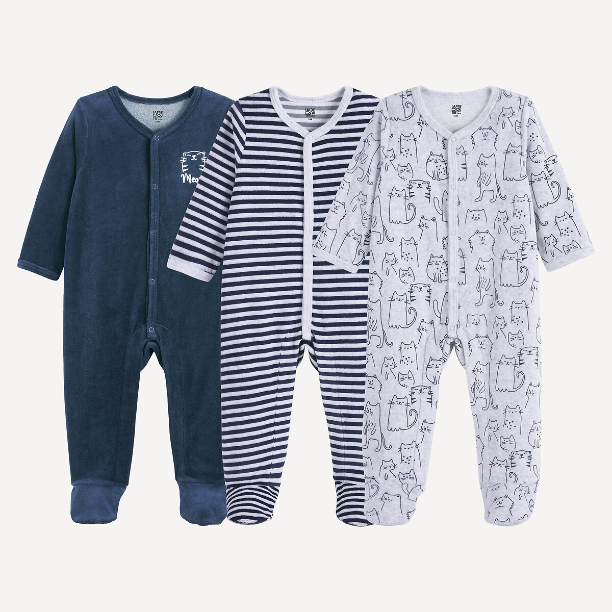 La Redoute Collections Pack Of 3 Cat/Striped Velour Sleepsuits Blue 6M (67Cm) Newborn