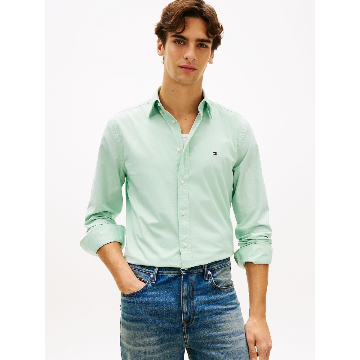 Tommy Hilfiger Th Flex Poplin Regular Fit Shirt Men's Mint Green Xxl