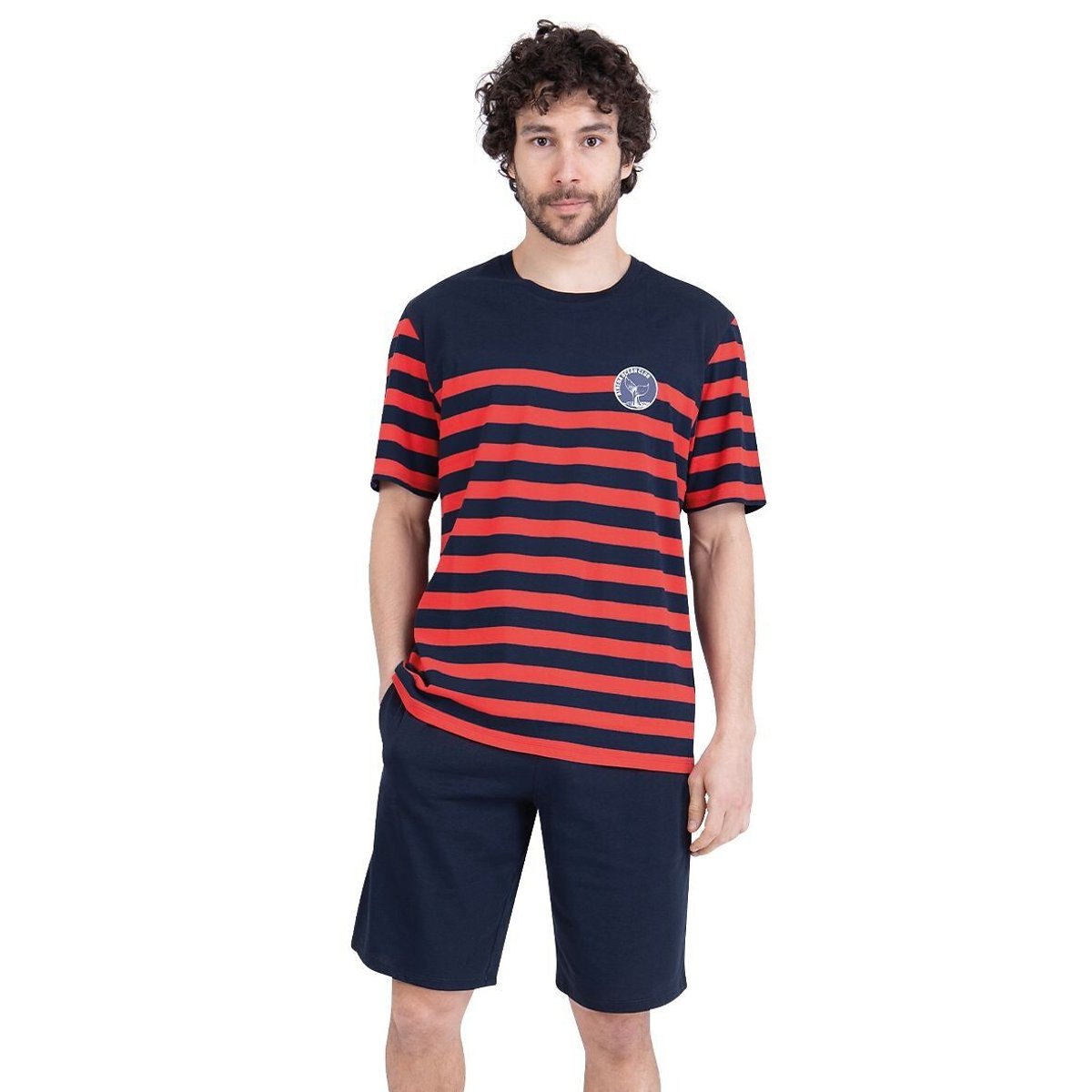Athena Striped Short Pyjamas With Crew Neck Men's Navy Blue/Red Large