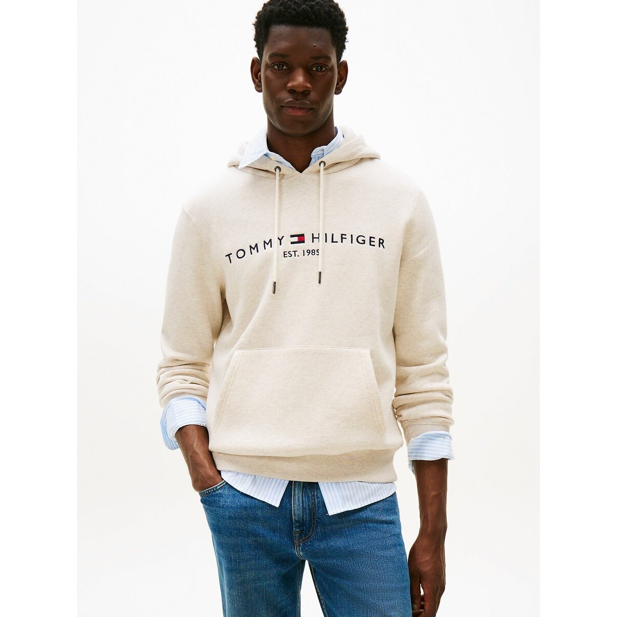 Tommy Hilfiger Men's Beige Tommy Logo Hoodie In Cotton Blend Large
