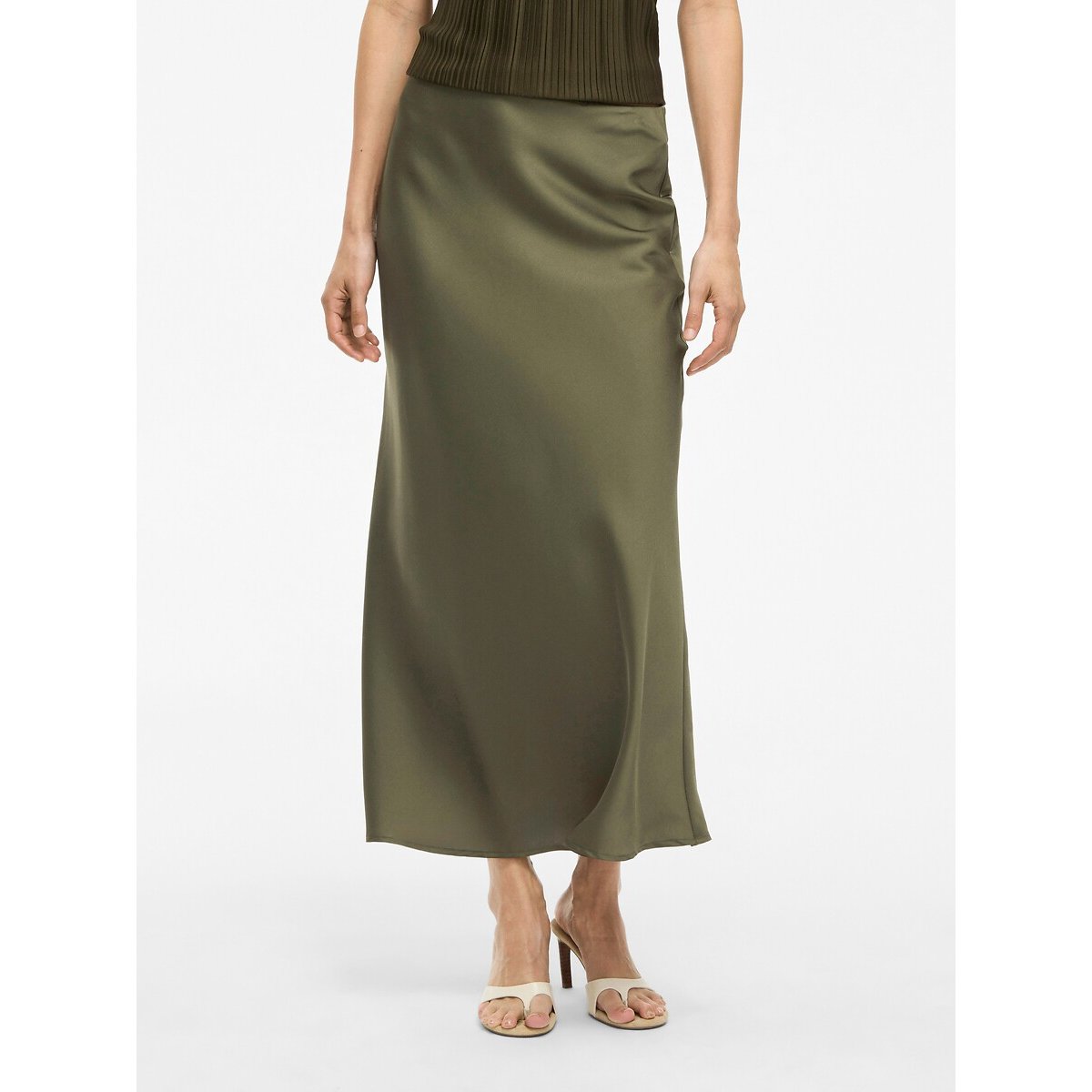 Vila Satin High Waist Skirt Women's Olive Green Size 8