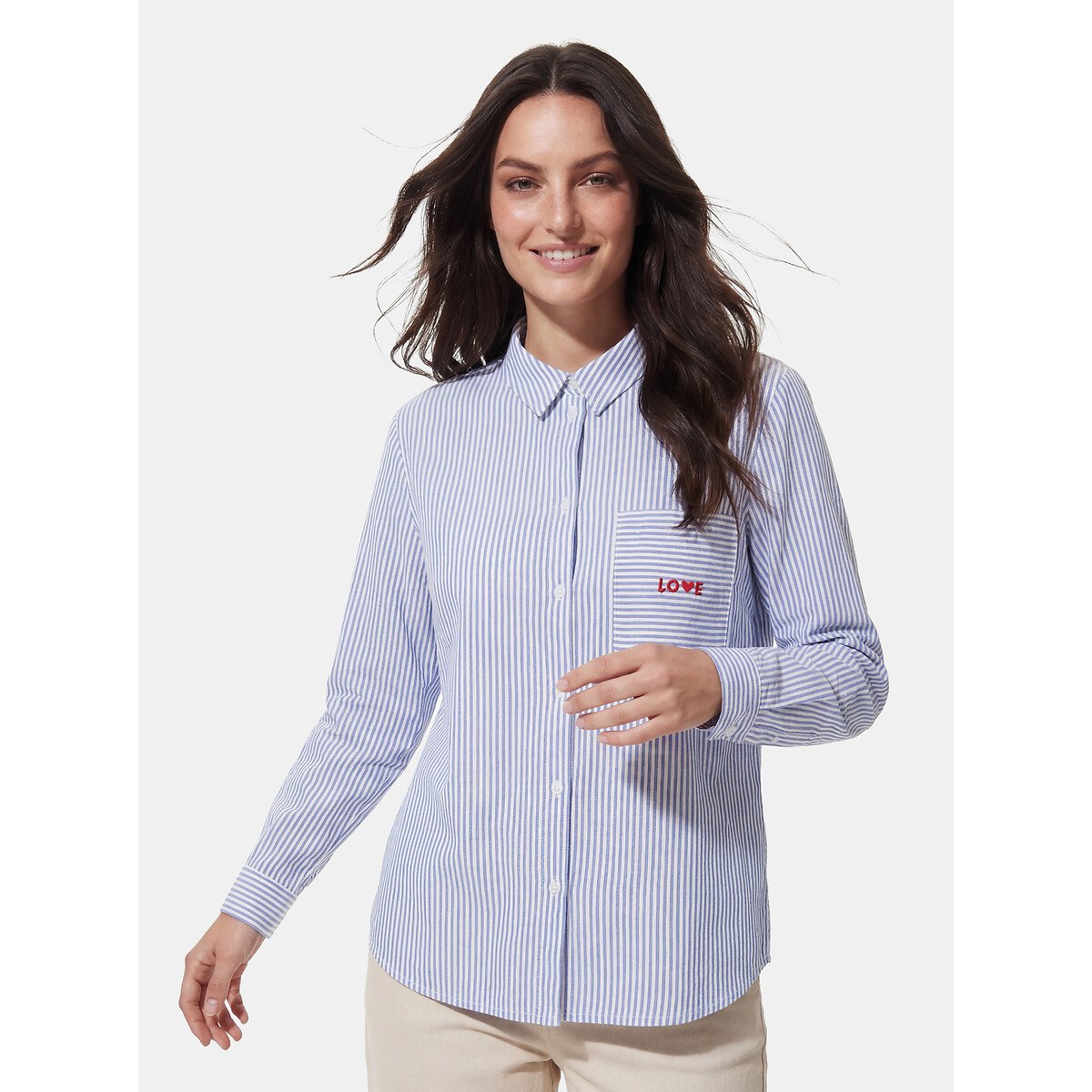 Pieces Striped Chest Inscription Shirt Women's Blue/White Extra Small