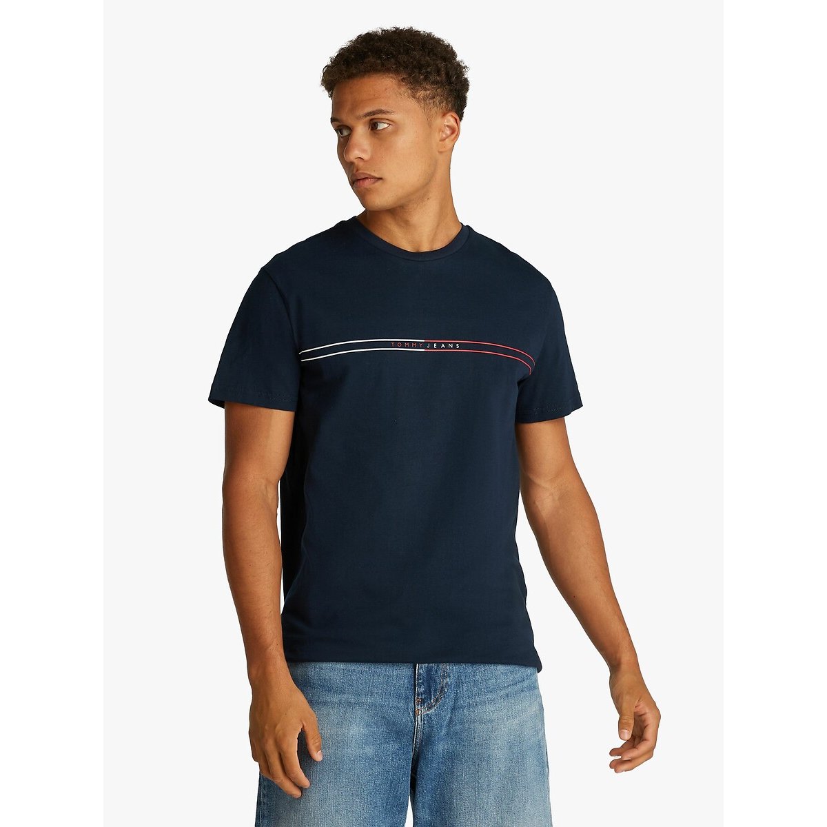 Tommy Jeans Men's Navy Blue Slim Fit T-Shirt With Coloured Stripes Medium