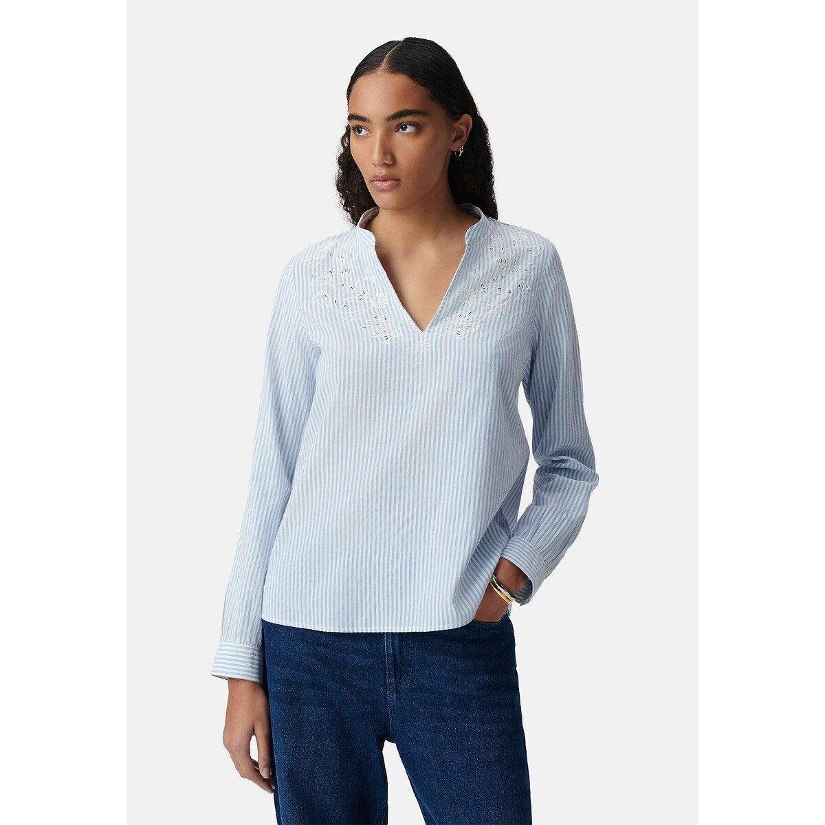 Ikks Striped V-Neck Blouse With Long Sleeves And Embroidery Women's Blue Size 8