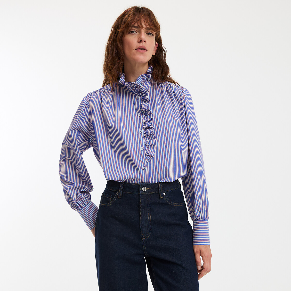 La Redoute Collections Signatures Charlène Striped Shirt With Victorian Collar Women's Blue/Red Striped Size 22