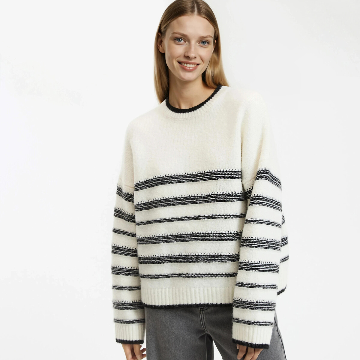 La Redoute Collections Striped Crew Neck Jumper In Chunky Knit Women's Ivory Xxl