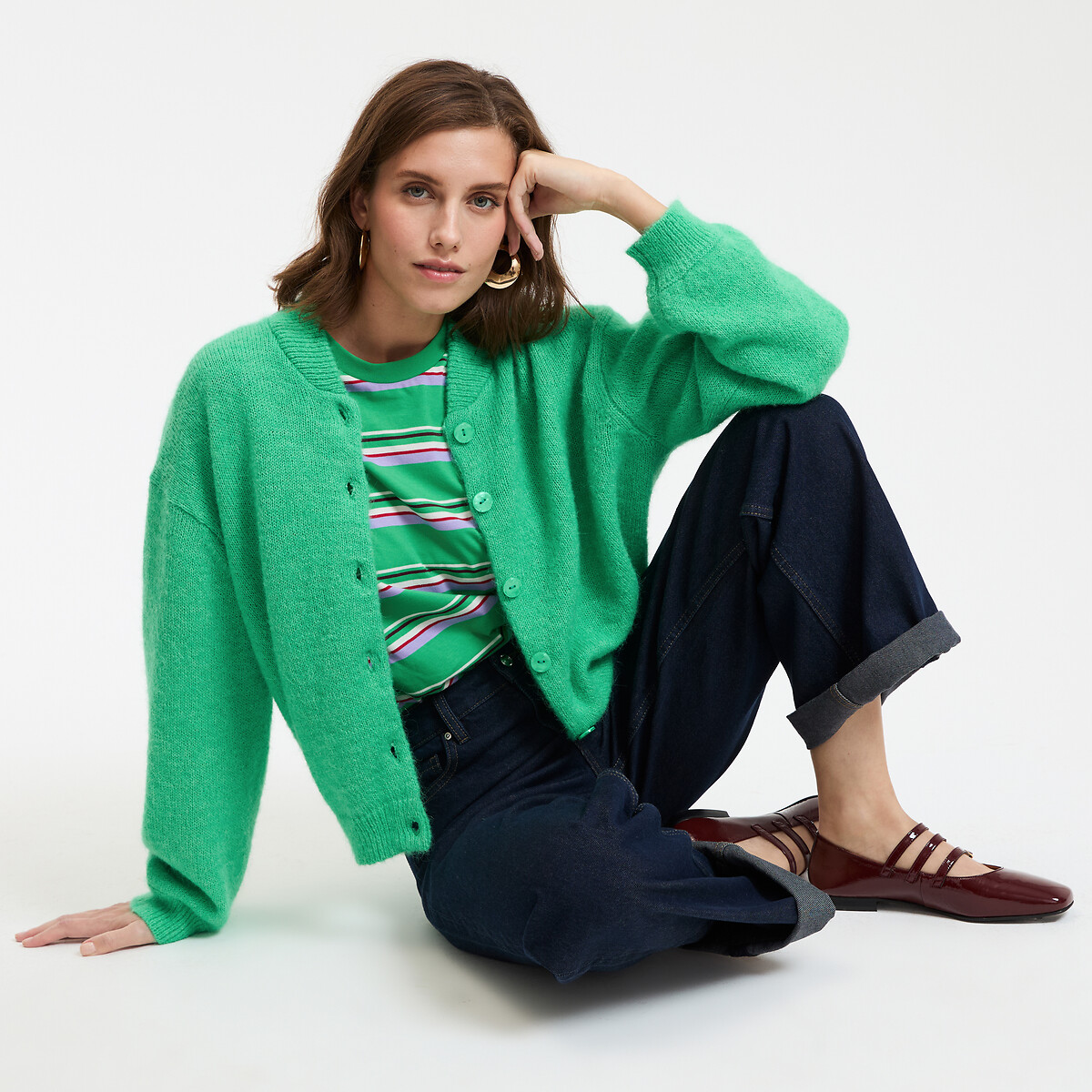 Cárdigan de cuello alto, punto grueso, mezcla de alpaca Mujer Talla XXL. Color Verde