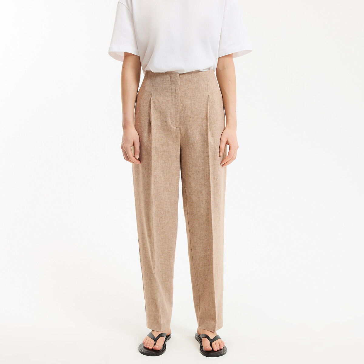 Pantalon cigarette taille haute en lin et coton