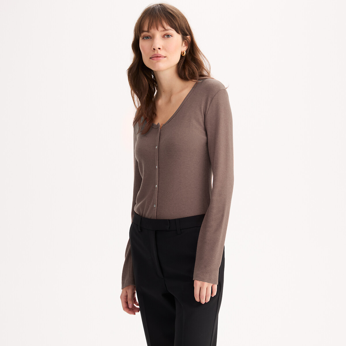Anne Weyburn Long Sleeve Cardigan T-Shirt In Lyocell Blend Women's Brown Marl Large