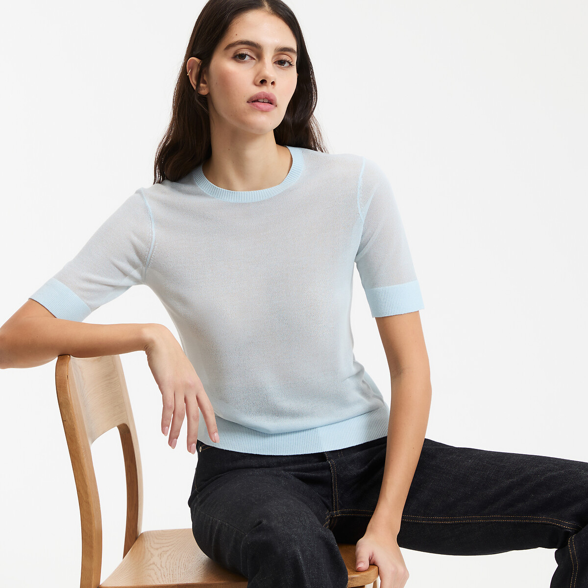 La Redoute Collections Crew Neck Fine Knit Jumper Women's Sky Blue Large