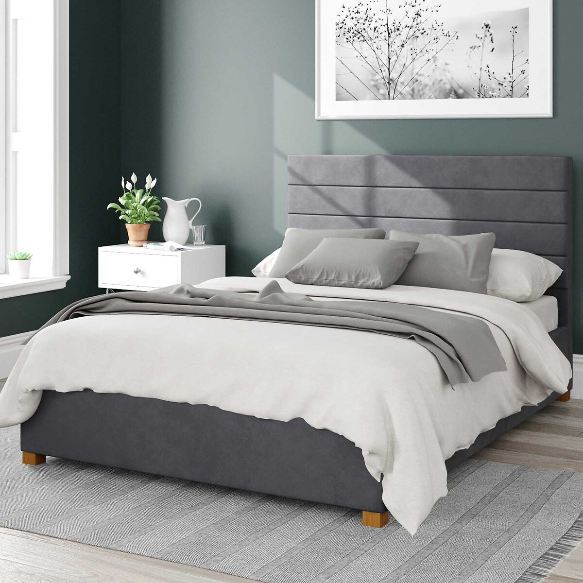 Aspire Unisex Steel Kelly Velvet Storage Ottoman Bed With Modern Horizontal Upholstered Headboard King Size (150 X 200Cm)