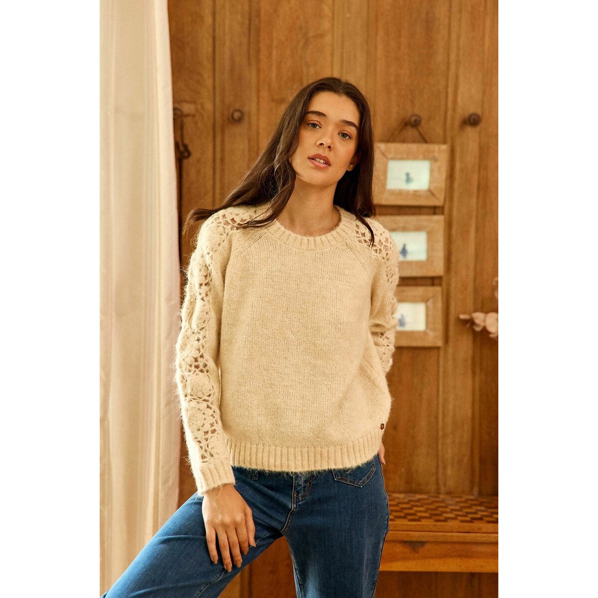 La Petite Etoile Melie Crew Neck Jumper With Openwork Motif Women's Ecru Small
