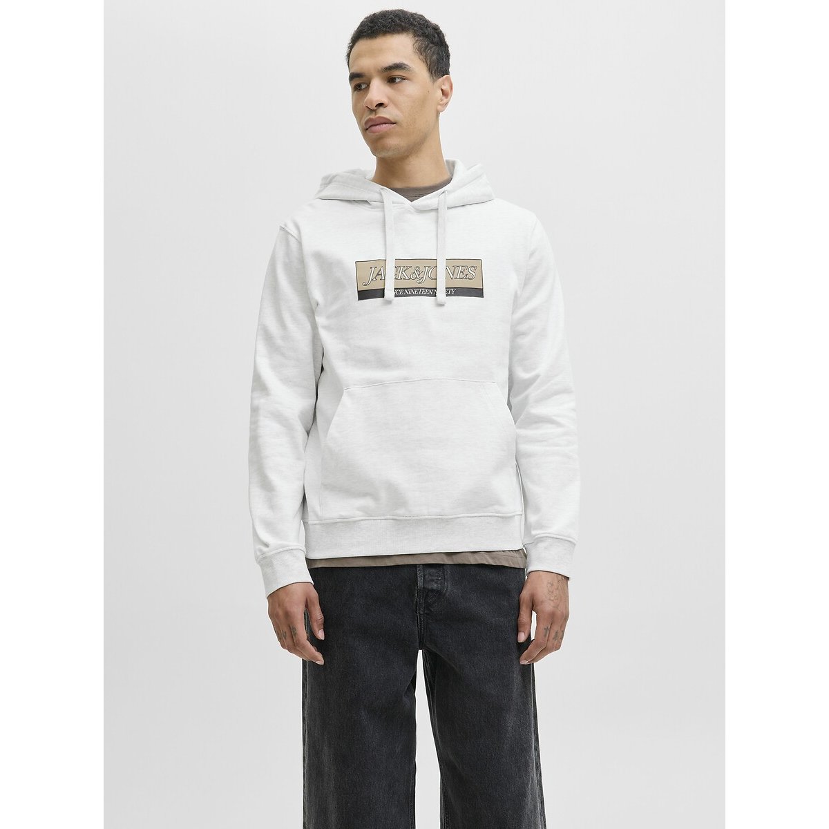 Jack & Jones Logo Print Hoodie Men's White Marl Extra Large