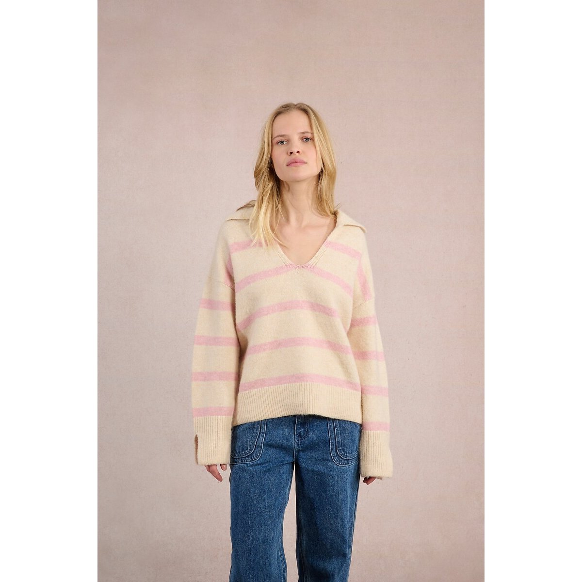 Molly Bracken Striped Polo Shirt Jumper Women's Ecru Striped Large