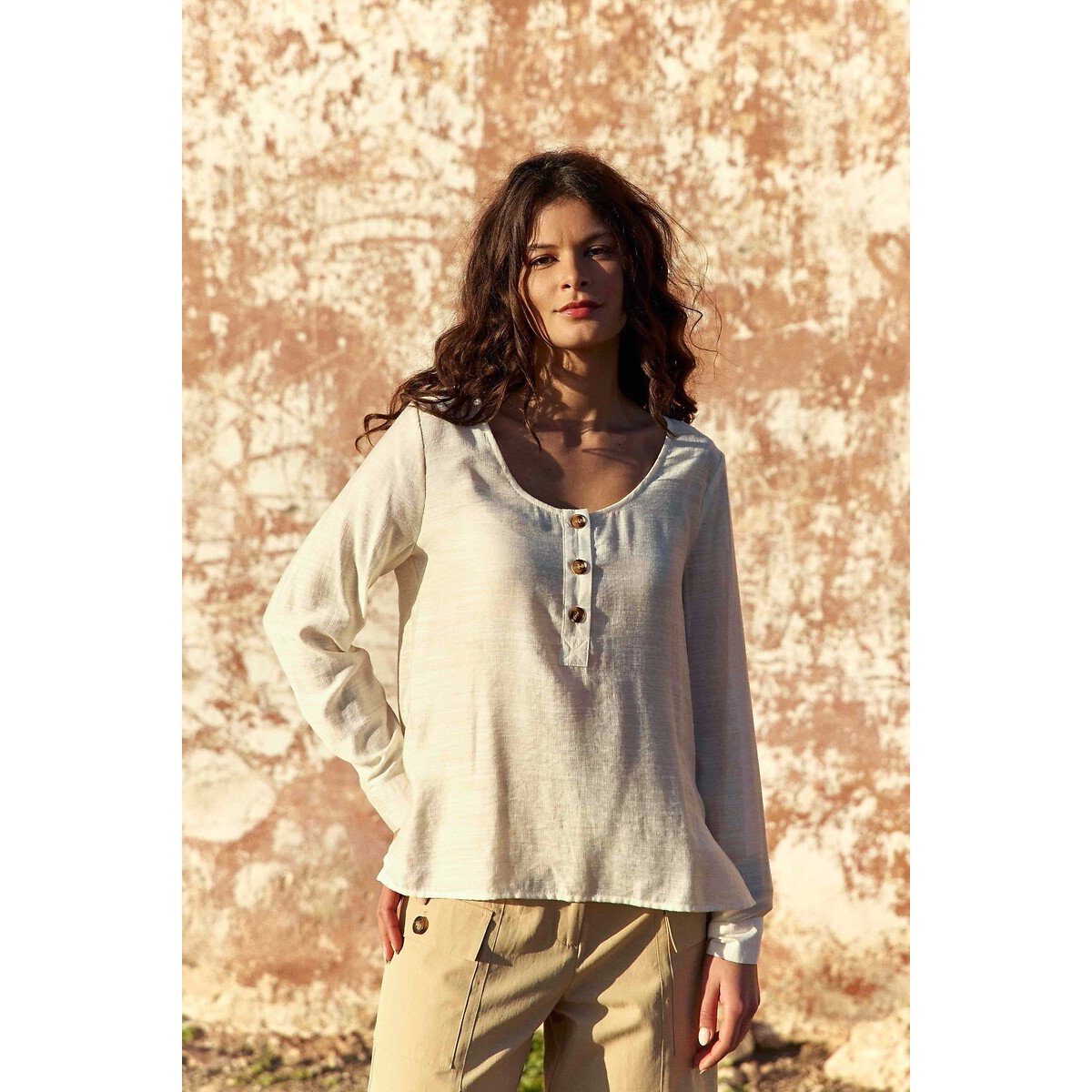 La Petite Etoile Bevin Long Sleeve Grandad Collar Blouse Women's Ecru Medium