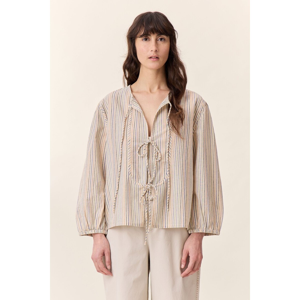 Blusa às riscas, mangas compridas, cordões para atar, CARSA, Leon & Harper