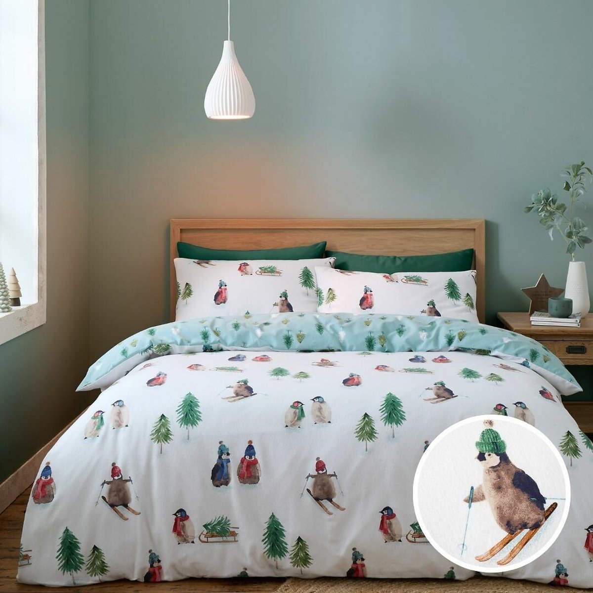 Catherine Lansfield Unisex White Brushed Snowy Penguin Duvet Cover And Pillowcase Set King (230X220cm)