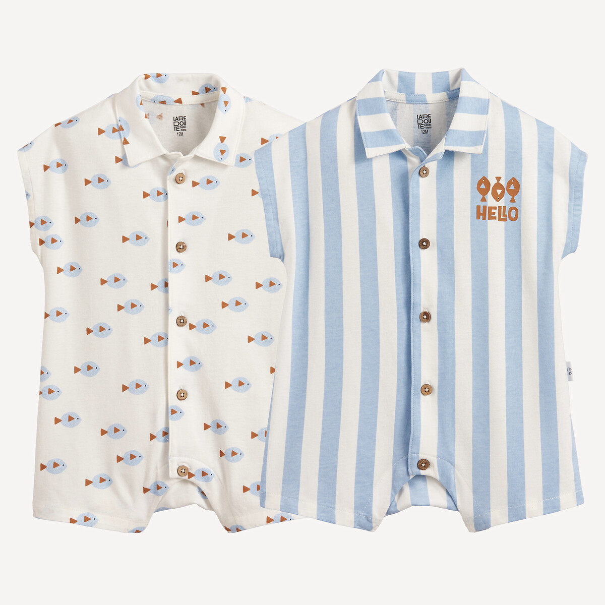 La Redoute Collections Pack Of 2 Fish/Striped Print Jersey Rompers Assorted 2Y (86Cm)