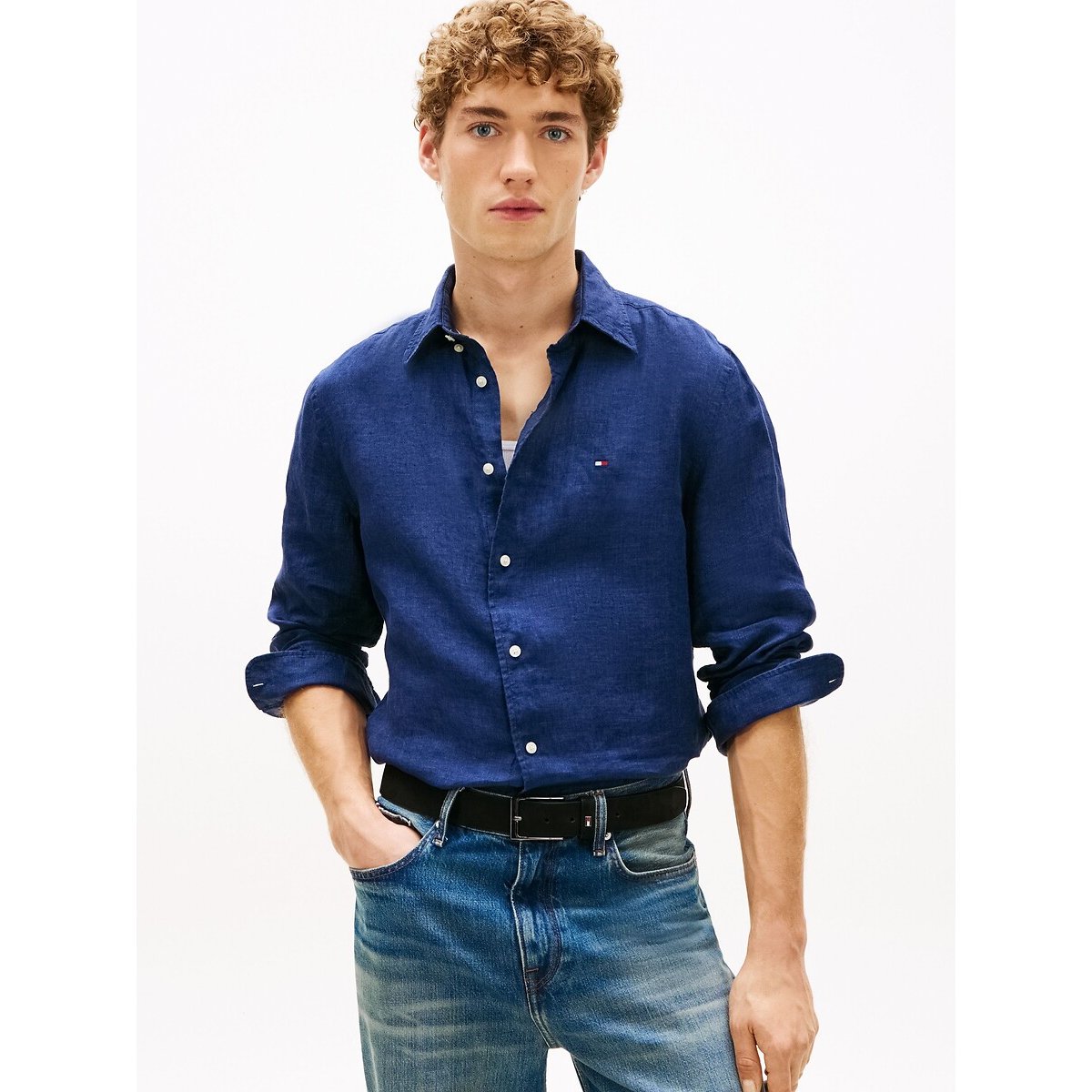 Tommy Hilfiger Linen Shirt Men's Navy Blue Extra Large