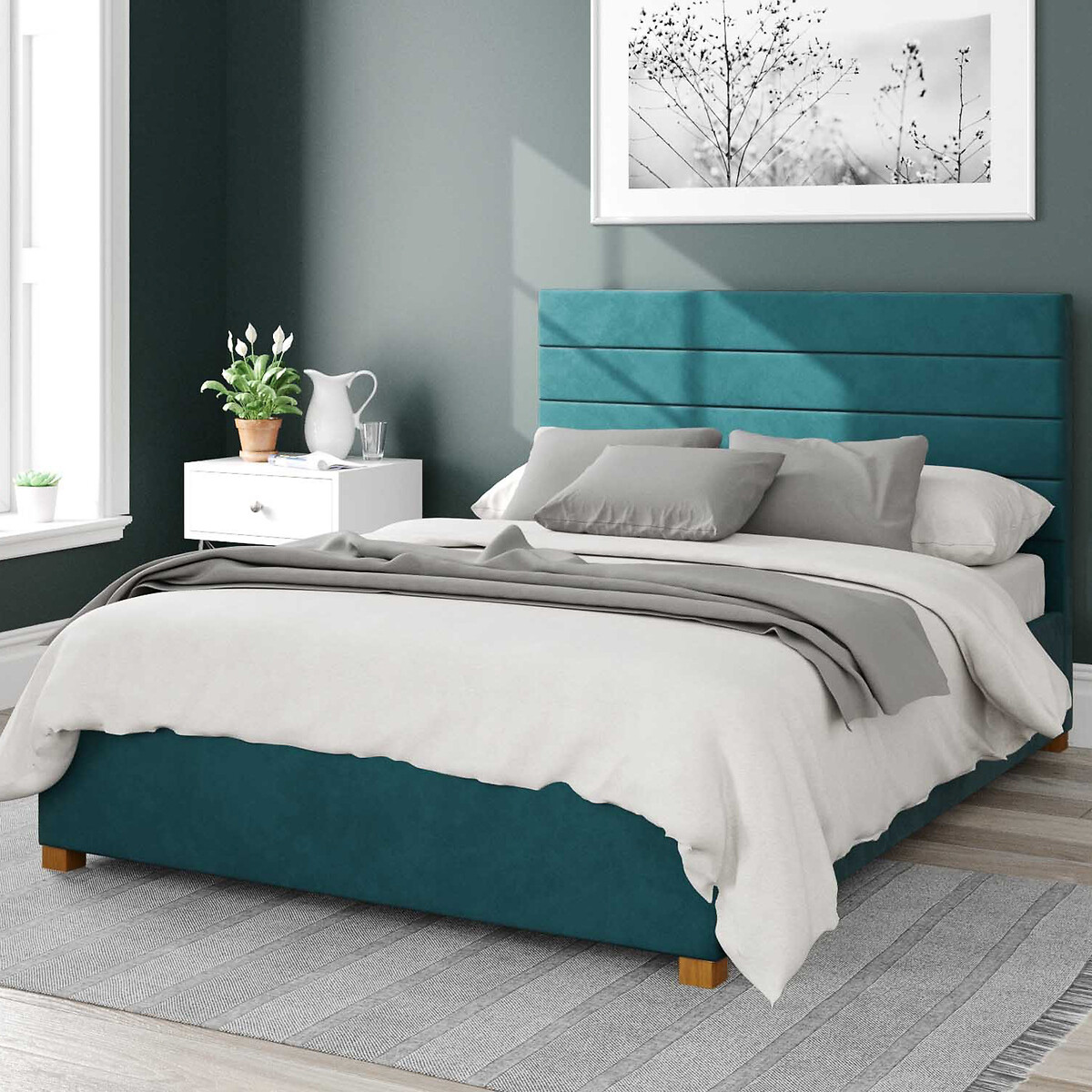 Aspire Unisex Emerald Kelly Velvet Storage Ottoman Bed With Modern Horizontal Upholstered Headboard King Size (150 X 200Cm)