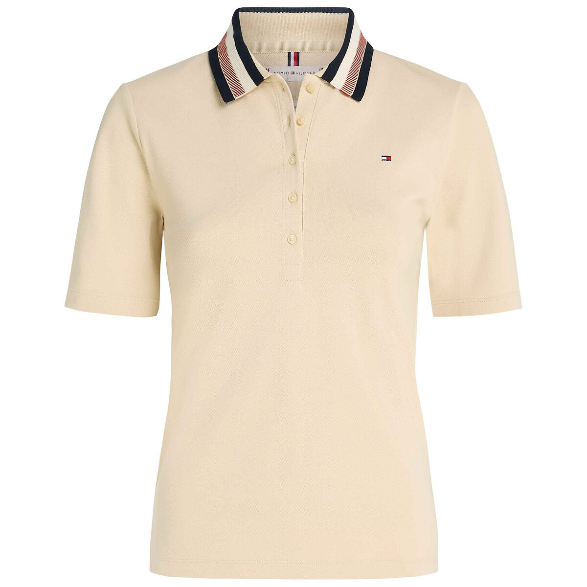 Tommy Hilfiger Women's Beige Cotton Polo Shirt With Short Sleeves Large