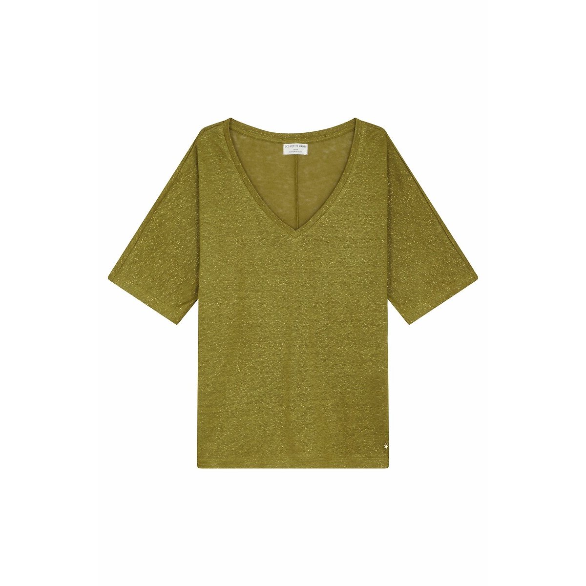 T-shirt de mangas curtas com decote em V, em linho, HANINA, Des Petits Hauts