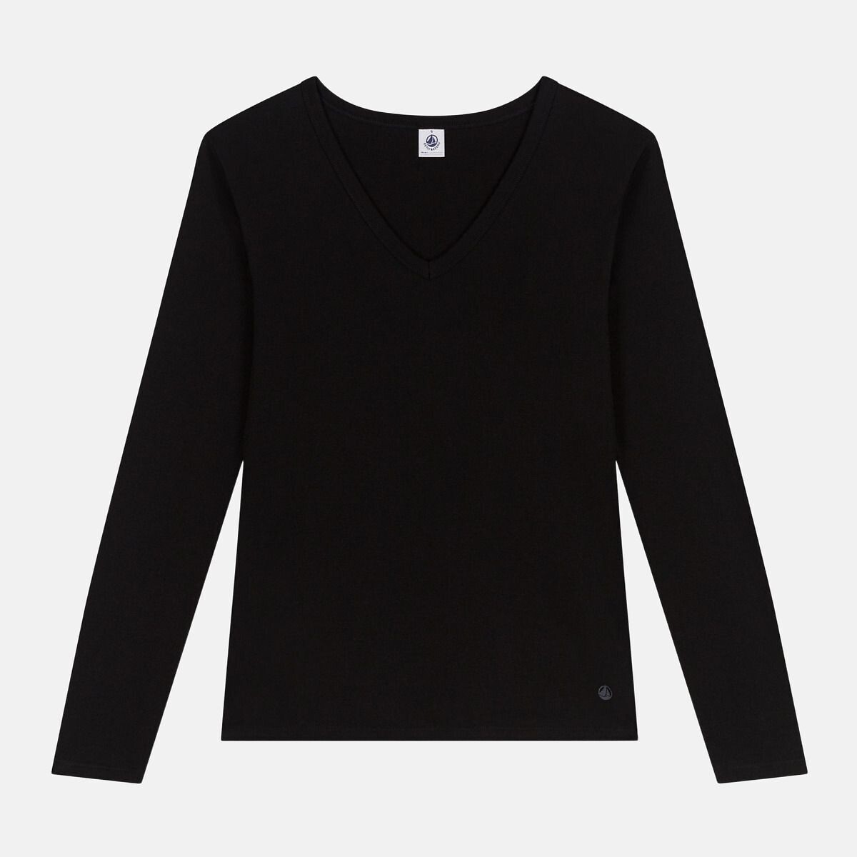 Petit Bateau Camiseta icónica de algodón con cuello en pico. Negro