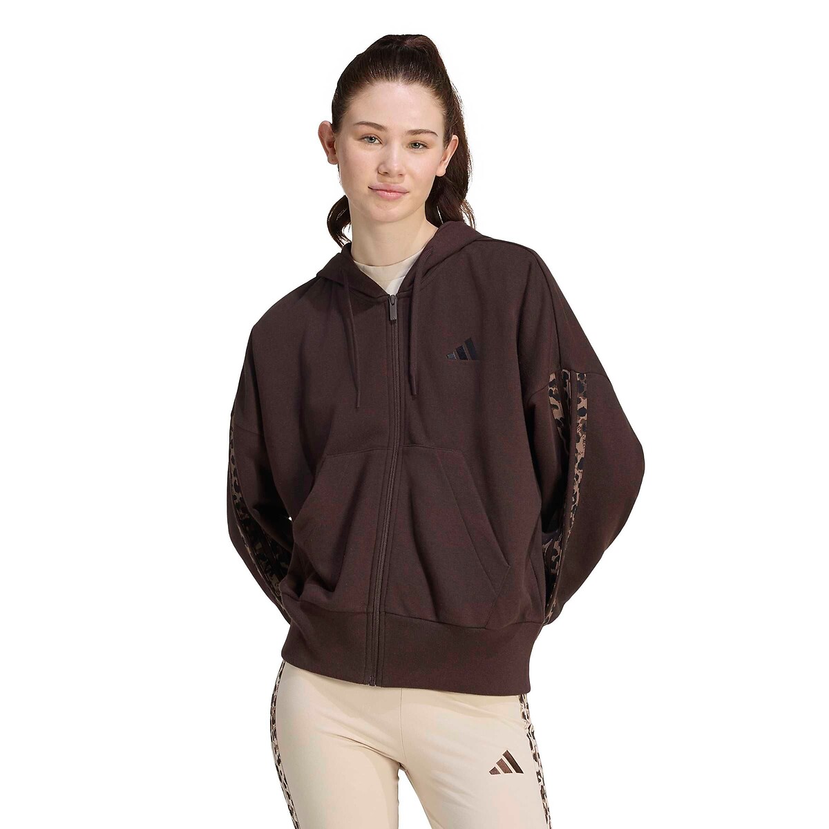 Adidas Sportswear Essentials Long Sleeve Zip-Up Hoodie Women's Leopard Print Medium