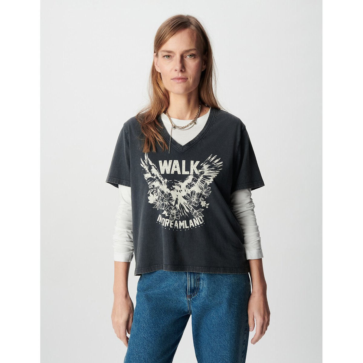 Ikks Printed V-Neck Short Sleeve T-Shirt Women's Black Small