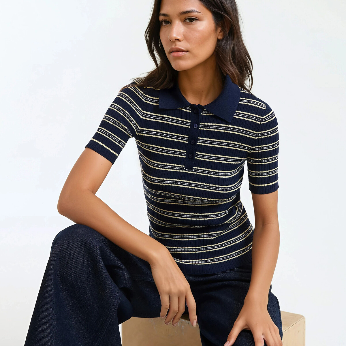 La Redoute Collections Striped Ribbed Fine Knit Short Sleeve Polo Jumper Women's Navy Striped Large