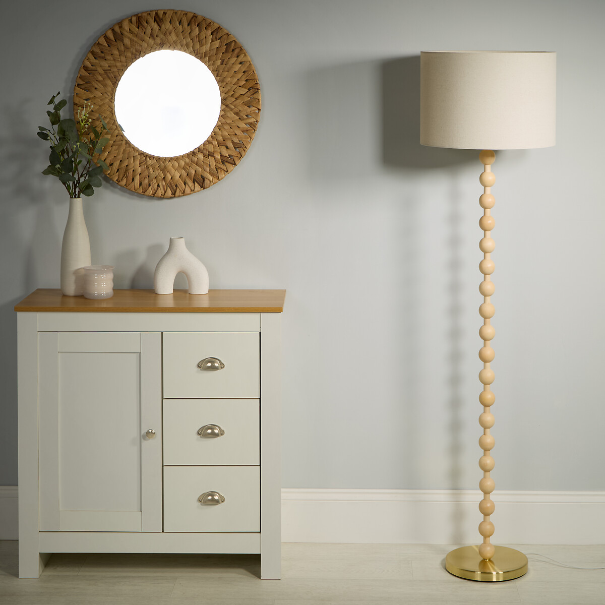 So'home Unisex Beige Wooden Bobbin Floor Lamp With Linen Shade