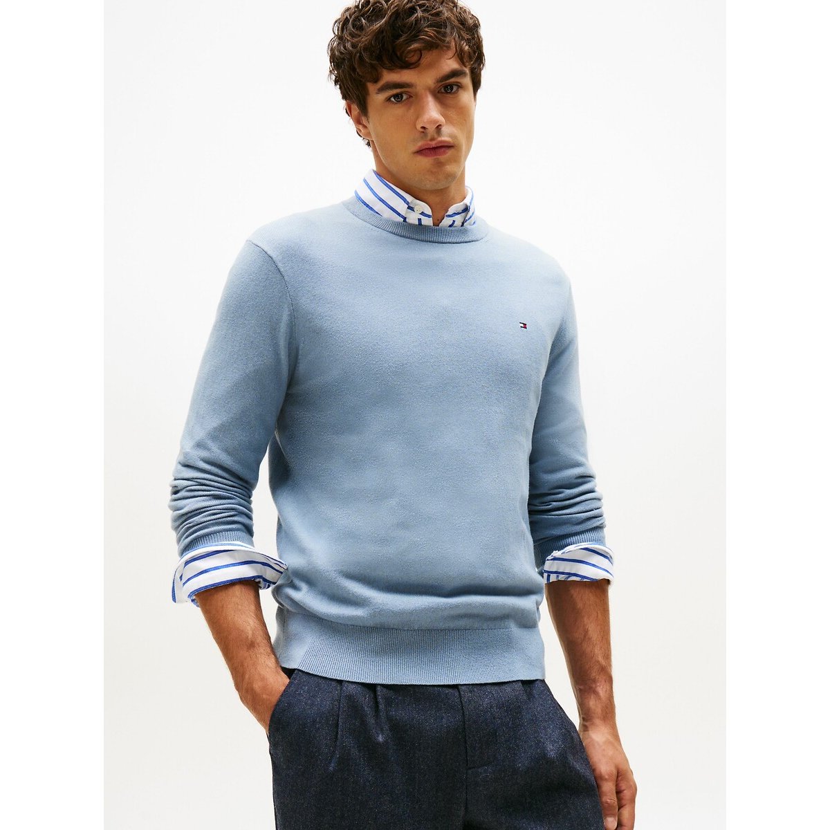 Tommy Hilfiger Pima Cotton/Cashmere Jumper With Crew Neck Men's Light Blue 3XL