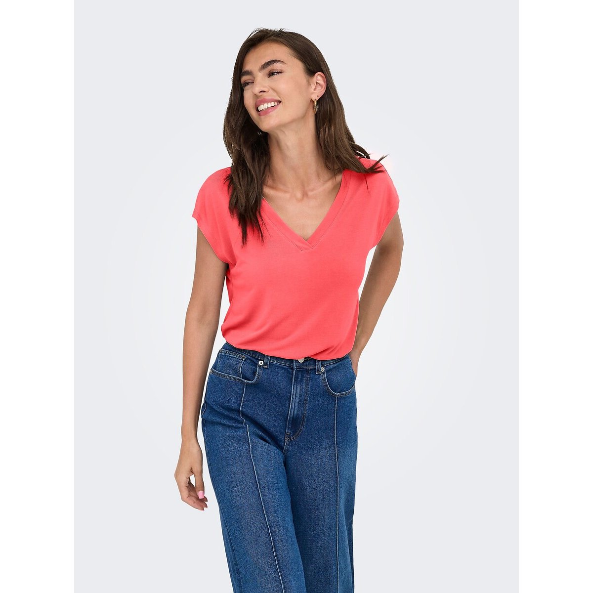Only V-Neck Short Sleeve T-Shirt Women's Coral Medium