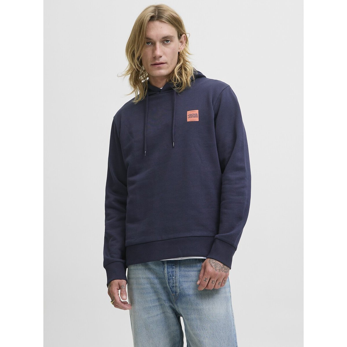 Jack & Jones Logo Print Hoodie Men's Navy Blue Medium