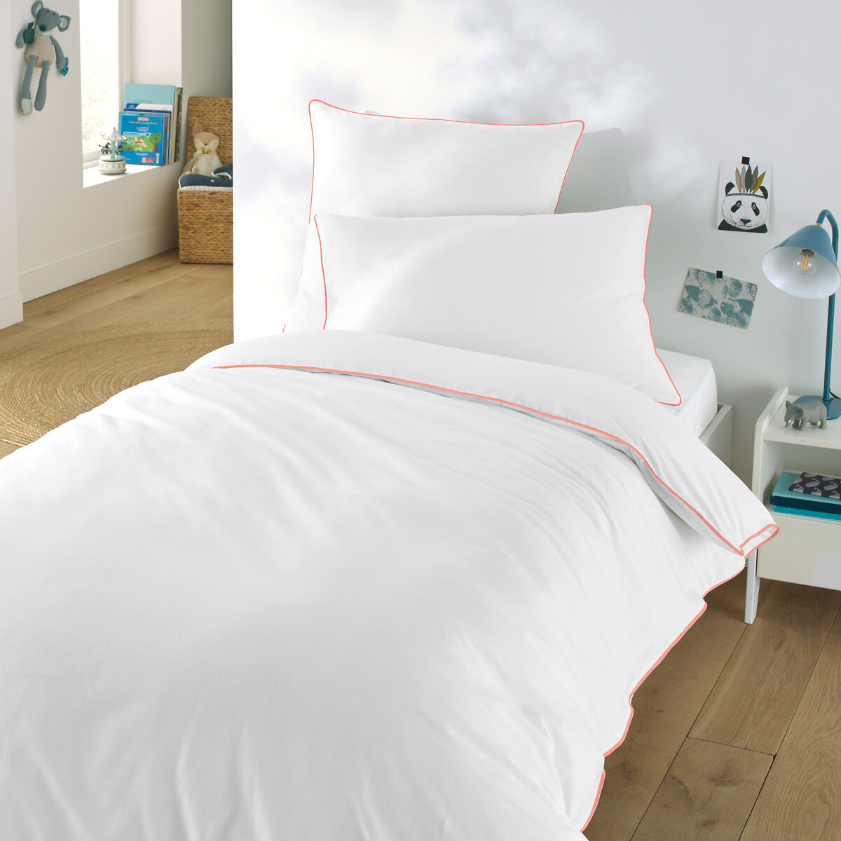 La Redoute Interieurs Macha Child's Cotton Duvet Cover With Contrast Piping Unisex White/Coral Single (140X200cm)