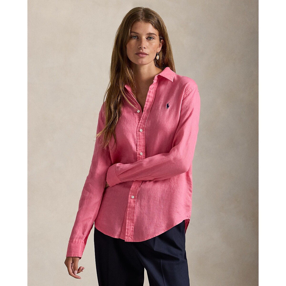 Polo Ralph Lauren Camisa de lino de manga larga. Talla S. Color Rosa