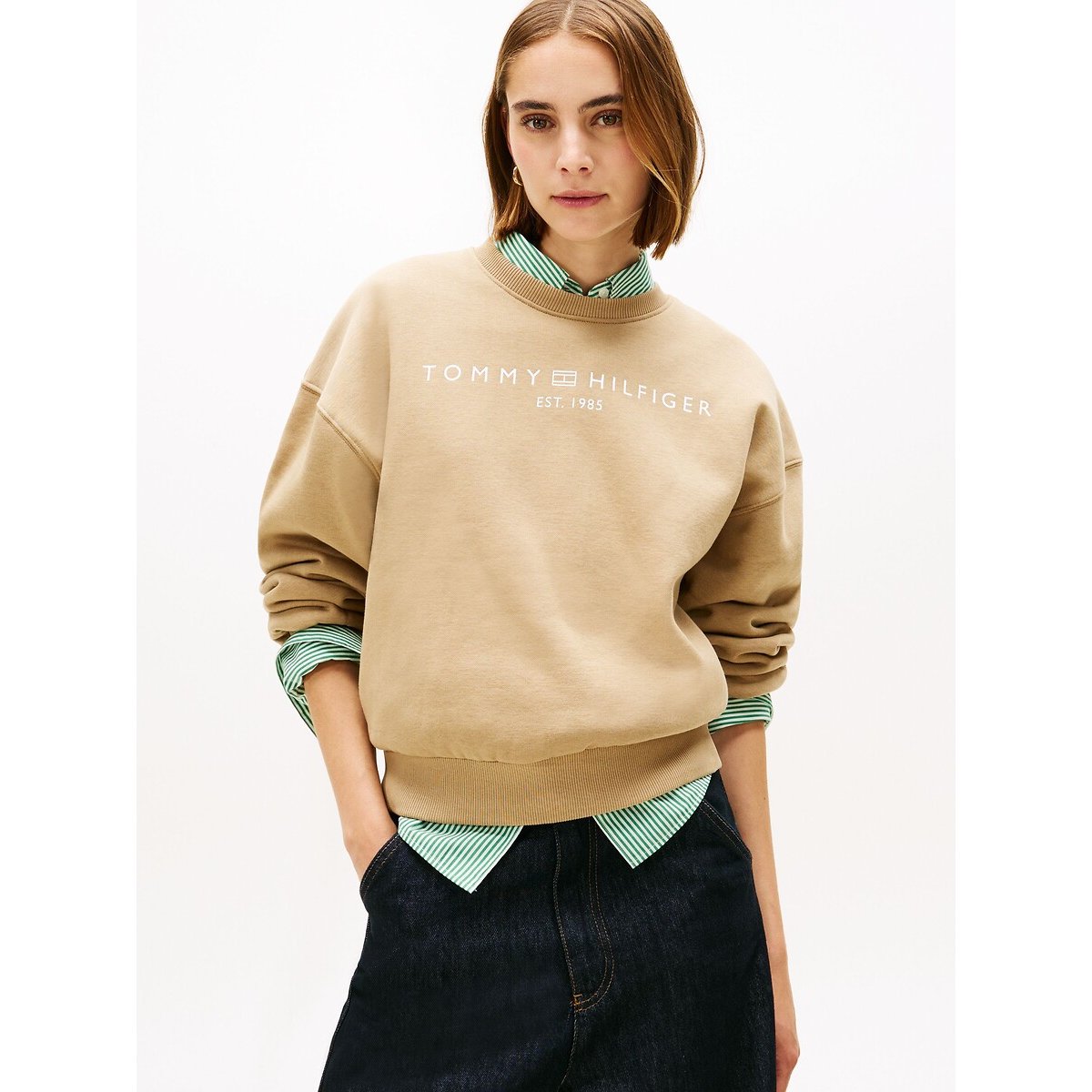 Tommy Hilfiger Logo Long Sleeve Crew Neck Sweatshirt Women's Taupe Extra Small