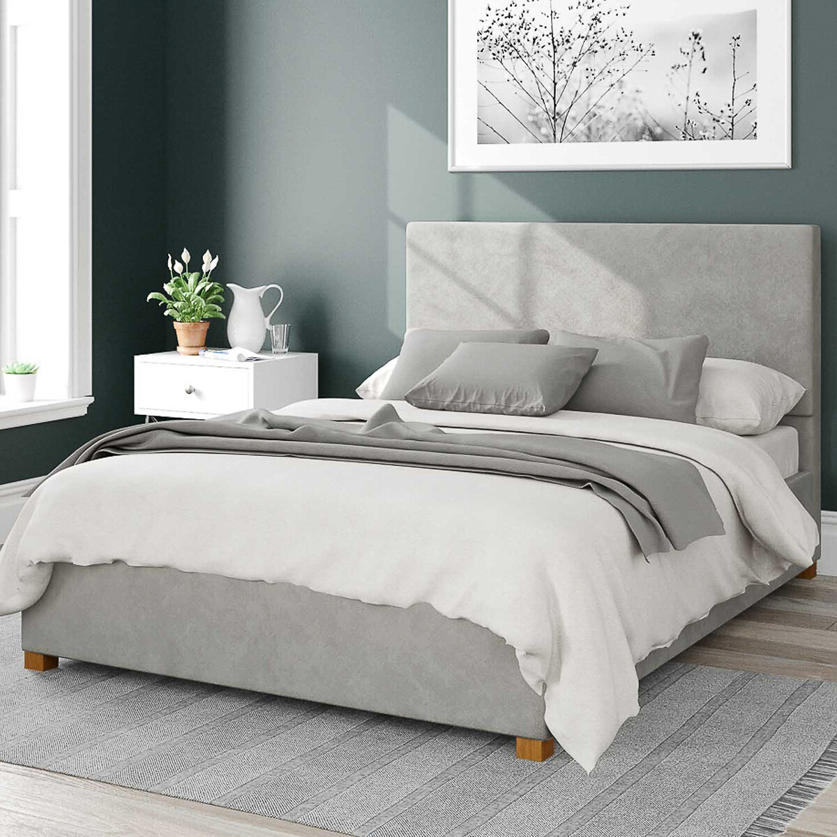 Aspire Unisex Light Grey Garland Velvet Storage Ottoman Bed With Plain Upholstered Headboard Double Size (135 X 190Cm)