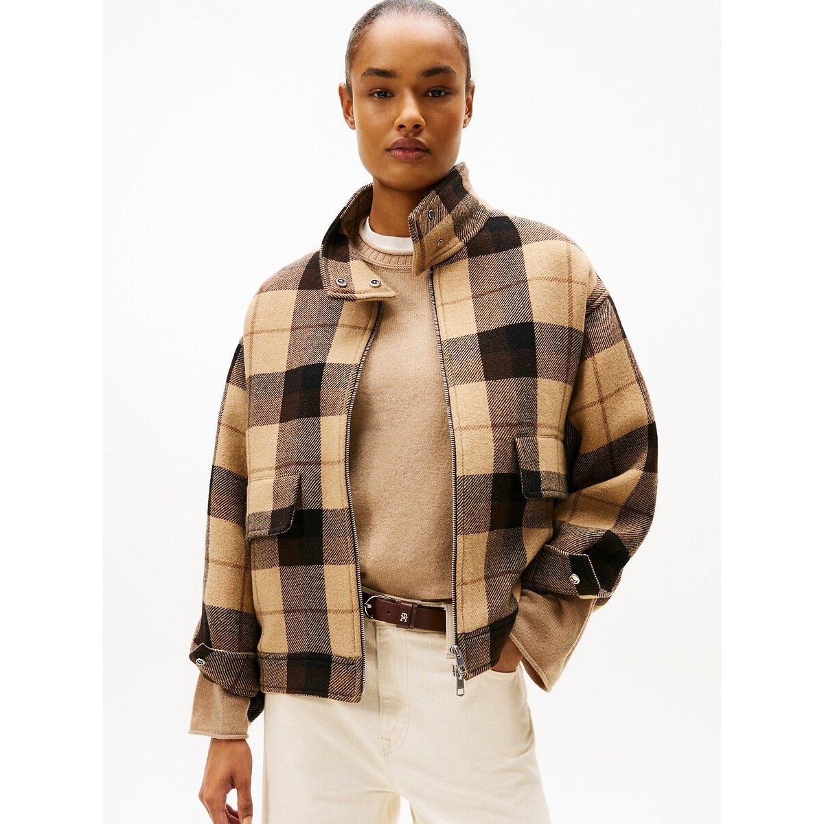 Blouson à carreaux en laine mélangée