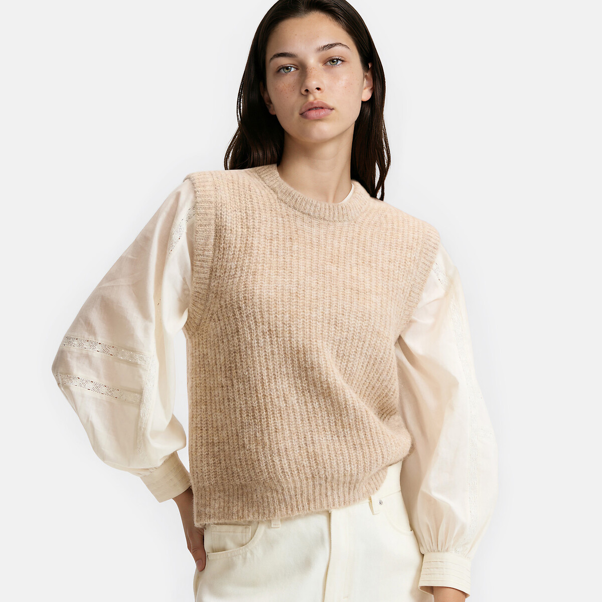 La Redoute Collections Anette Signature Sleeveless Crew Neck Jumper In Alpaca Blend Women's Beige Marl Xxl