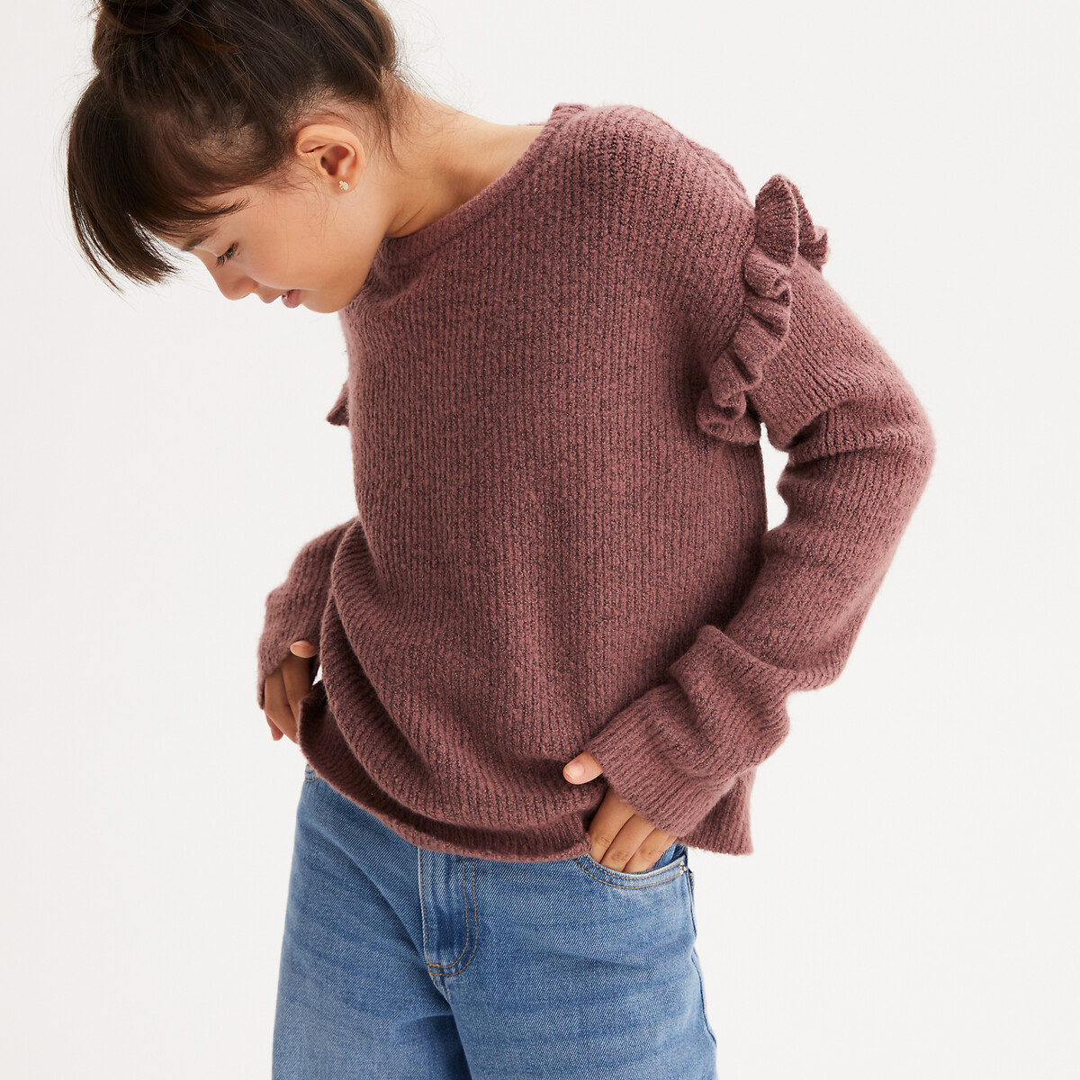 LA REDOUTE COLLECTIONS Trui met ronde hals in fijn tricot met volants