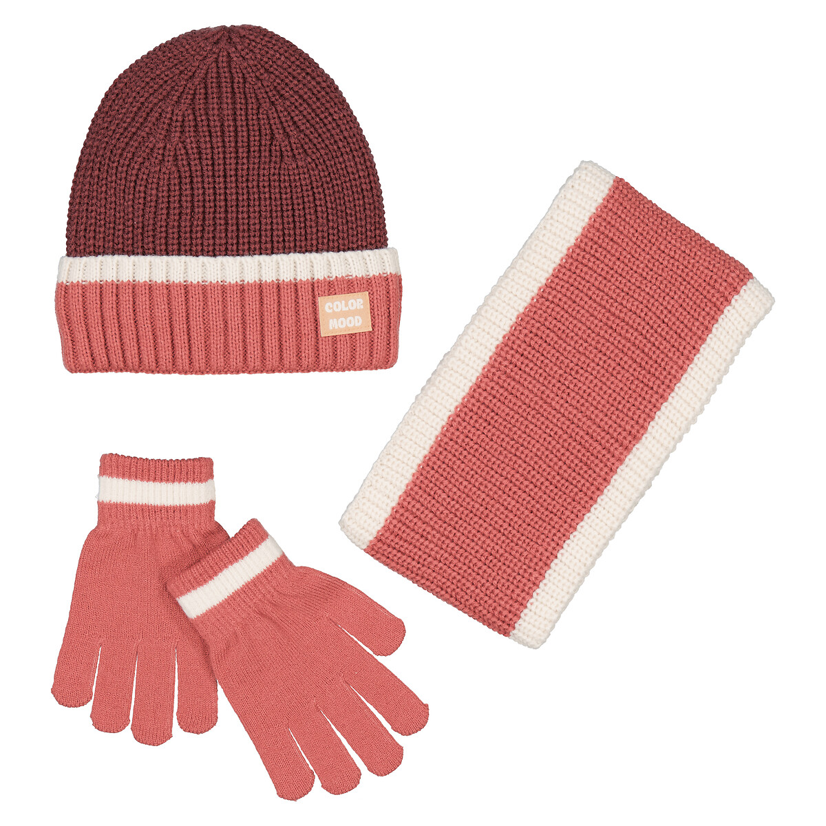 La Redoute Collections Hat, Snood And Gloves Set With Fleece Lining Pink / Ecru Medium