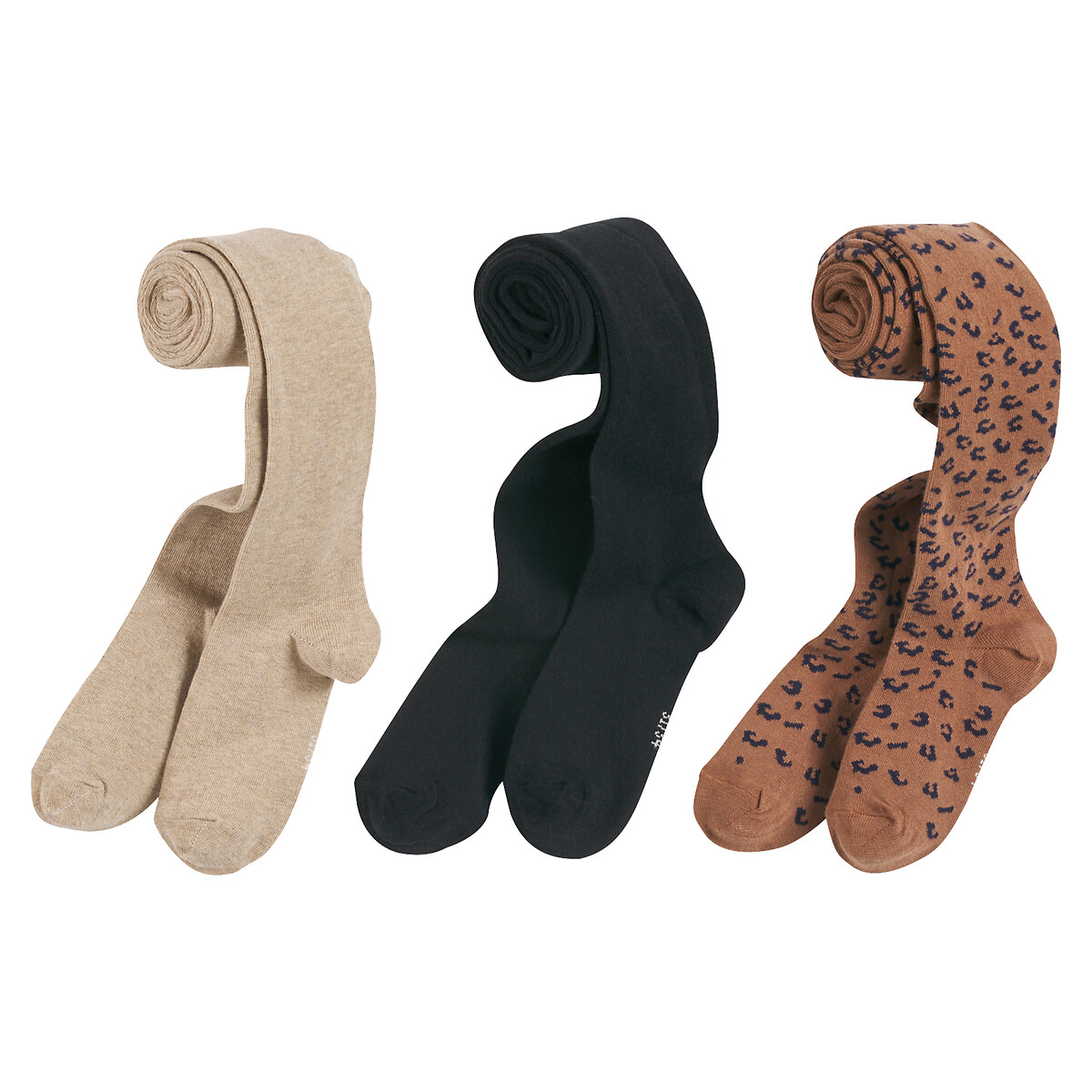 La Redoute Collections Pack Of 3 Tights, Plain/Leopard Print Black + Brown + Beige Size 31