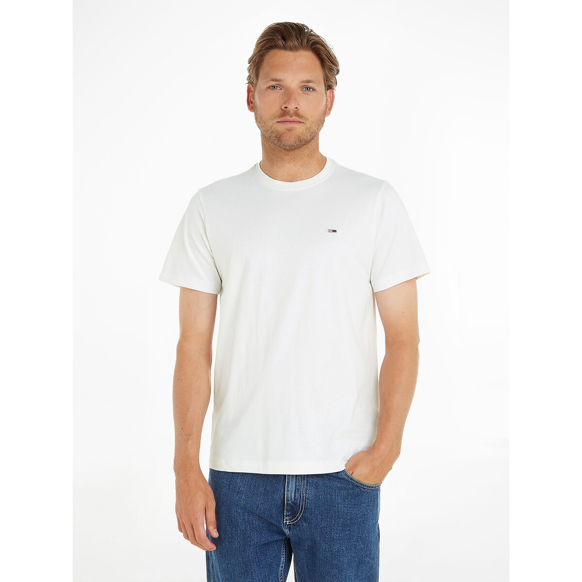 Tommy Jeans Men's White Cotton Jersey Classic T-Shirt With Crew Neck Large