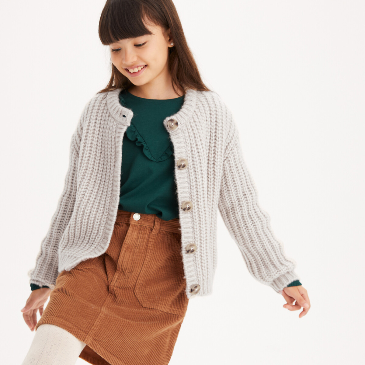 La Redoute Collections Chunky Knit Buttoned Cardigan With Crew Neck Ecru 6Y (114Cm)