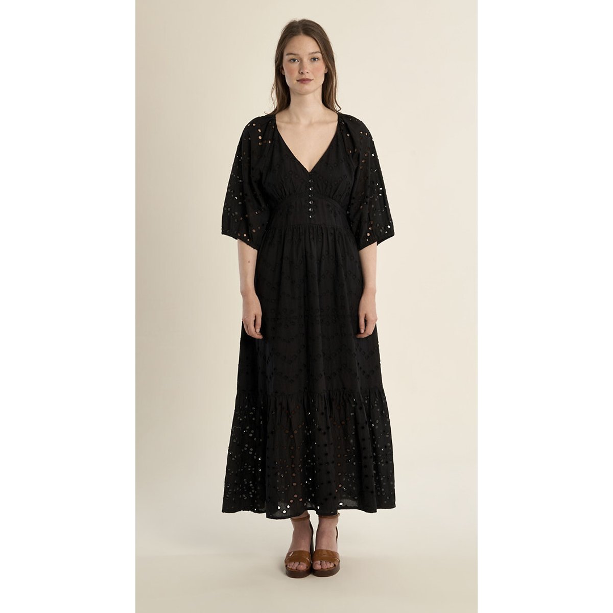 Molly Bracken V-Neck Short Sleeve Maxi Dress Women's Black Large