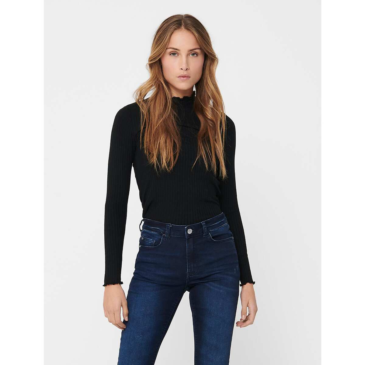 Jdy Ribbed High Neck T-Shirt Women's Black Large