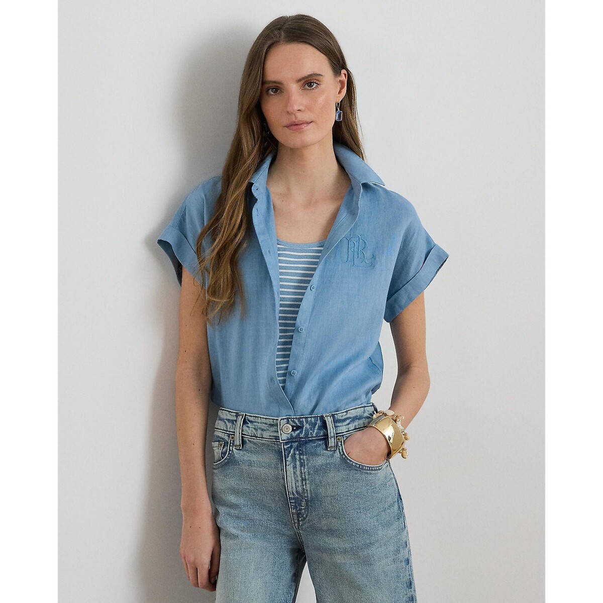 Lauren Ralph Lauren Camisa de lino de manga corta, BROONO. Talla S. Color Azul